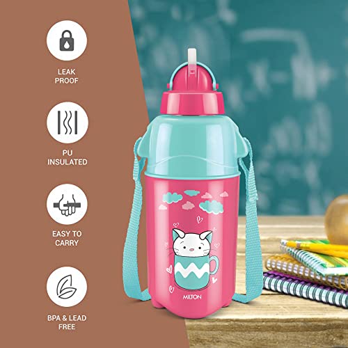 Milton Kool Trendy 400 Plastic Insulated Water Bottle with Straw for Kids, 370 ml, Cherry Pink | School Bottle | Picnic Bottle | Sipper Bottle | Leak Proof | BPA Free | Food Grade | Easy to Carry