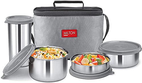 Milton Delicious Combo Stainless Steel Insulated Tiffin, Set of 3 Containers (200 ml, 320 ml, 500 ml) and 1 Tumbler, 380 ml, Grey | Airtight | Dishwasher-Safe | Easy to carry | Leak proof | Insulated | Food Grade | Odour Proof