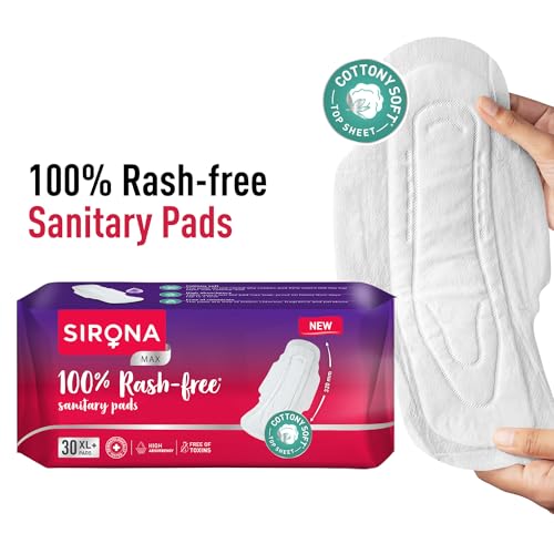 Sirona Max Sanitary Pads for Women | XL Plus (Pack of 30 Pads) | 100% Rash Free & Toxic-Free | Organic Cotton Sanitary Pad | Up to 0% Leakage, Comfortable & High Absorbency