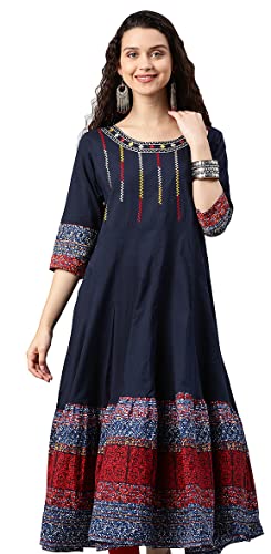 Yash Gallery Women's Cotton Embroidered Anarkali Kurta for Women (Large, Blue)