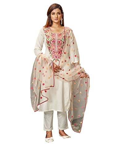Womanista Women's Off white Cotton kurta set with parsi work neck and embroidered dupatta(Salwar_1120_M)