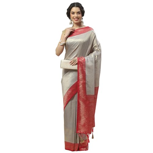 Meena Bazaar Zari Jaal Woven Handloom Saree With Blouse (Grey)