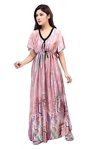 G4Girl Women Satin Silk Geometric Print Maxi Kaftan Nighty Gown (Free Size, Peach)