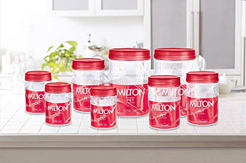 MILTON Vitro Plastic Pet Storage Jar and Container, Set of 24 (6 pcs x 270 ml Each, 6 pcs x 665 ml Each, 6 pcs x 1.24 Ltrs Each, 6 pcs x 1.85 Ltrs Each), Red Wine | Food Grade | Air Tight | BPA Free