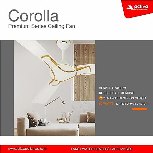 ACTIVA 1200 MM HIGH Speed 390 RPM BEE Approved Anti DUST Coating Pure Copper Corolla Ceiling Fan 2 Year Warranty (Pearl Ivory)