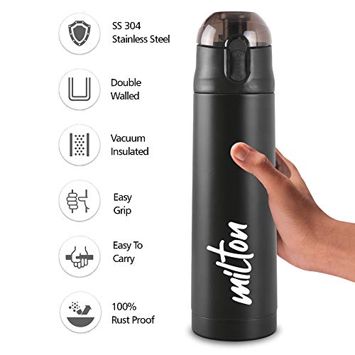 Milton New Crown 900 Thermosteel Hot or Cold Water Bottle, 750 ml, Black | Easy to Carry | Office Bottle | Hiking | Trekking | Travel Bottle | Gym | Home | Kitchen Bottle