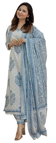 Arayna Women's Cotton Printed Floral Straight Kurta with Palazzo Pants and Printed Dupatta Set, Light Blue, X-Large