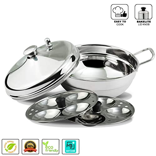 PANCA Stainless Steel Multi Purpose Kadai with Steel Lid, Idli Maker 2 Idli Plate 8 Cavity Idli Cooker Stainless Steel Idly Pot with Steamer, Silver