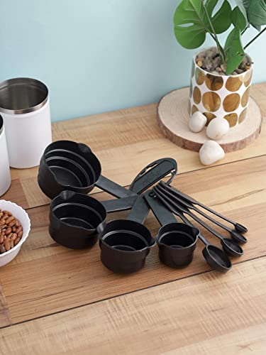 Abode Kitchen Essential Measuring Cup & Spoon for Spices | for Cooking and Baking Cake | Multipurpose Tablespoon Cups with Ring Holder | (Black, Plastic)