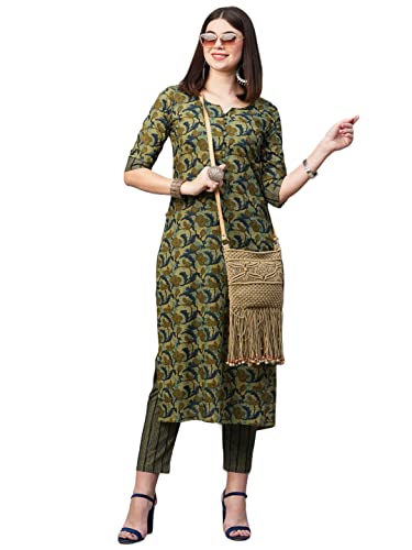 ANNI DESIGNER Women's Cotton Blend Printed Straight Kurta with Pant (Mangla Green-Nw_XXL_Green_XX-Large)