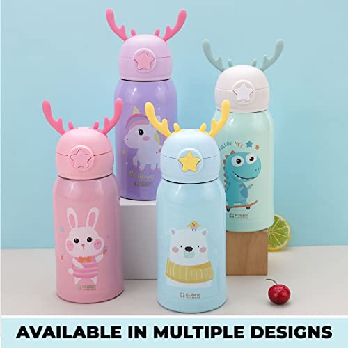 Kuber Industries Sipper Water Bottle for Kids, Vacuum Insulated Stainless Steel Flask with Straw, Cup & Holder Bag, Double Walled Flask, Leak Proof, BPA Free, Unicorn Design, 500 ml (Pack of 1)