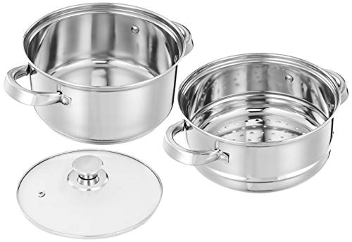 Amazon Brand - Solimo Stainless Steel Induction Bottom Steamer/Modak/Momo Maker with Glass Lid (2 litres)