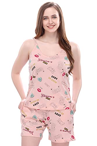 Style Dunes Night Suit Set for Women | Printed Cotton Cami Top & Shorts Set for Women Pink