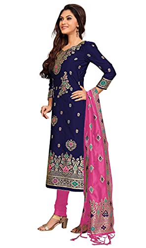 PANASH TRENDS Women's Jacquard Silk Salwar Suit Unstitched (Blue)