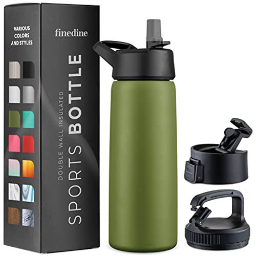 FineDine Triple Insulated Stainless Steel Water Bottle with Straw Lid - Flip Top Lid - Wide Mouth Cap Insulated Water Bottles, Keeps Hot and Cold 750ml Army Green