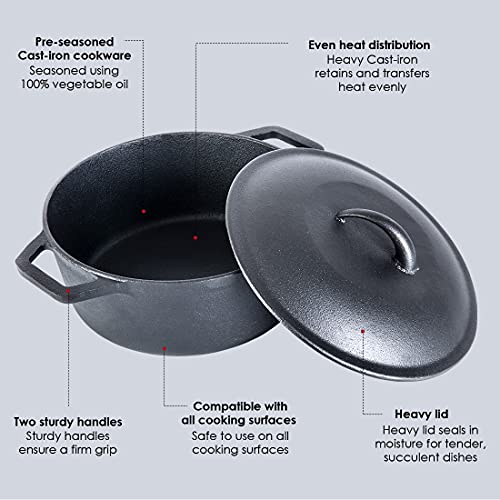 Wonderchef Forza 25 cm Cast-Iron Casserole with Lid | Pre-Seasoned Cookware | Induction Friendly | 4.7 L | 3.8 mm with Lifetime Exchange Warranty