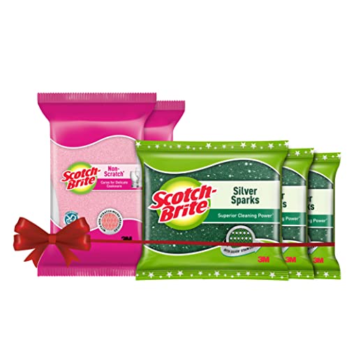 Scotch-Brite Non-Scratch Sponge Scrub for Ceramics, Non -Stick, Glassware (2 Units) & Scotch-Brite Silver Sparks Scrub pad for dishwashing (3 Units)