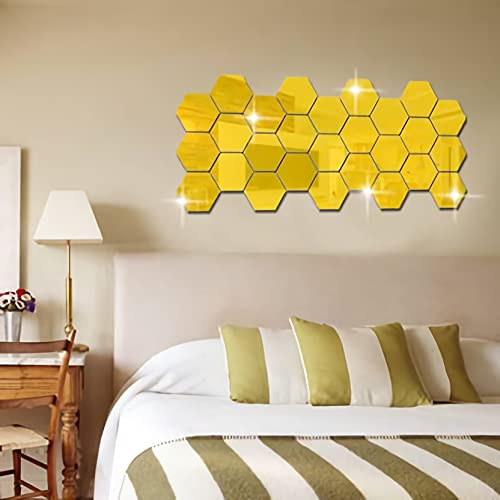 WallDaddy Super Hexagon Wall Decor (14PCS) Golden Acrylic Mirror for Wall Stickers for Bedroom | Mirror Stickers for Wall Big Size (10.5x12.1) Cm Sticker Decoration