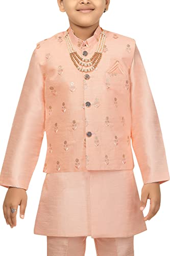 AHHAAAA Kids Ethnic Cotton Silk Blend Nehru Modi Jacket Kurta & Pyjama Set for Boys 475 (8-9 Yrs, Pink)