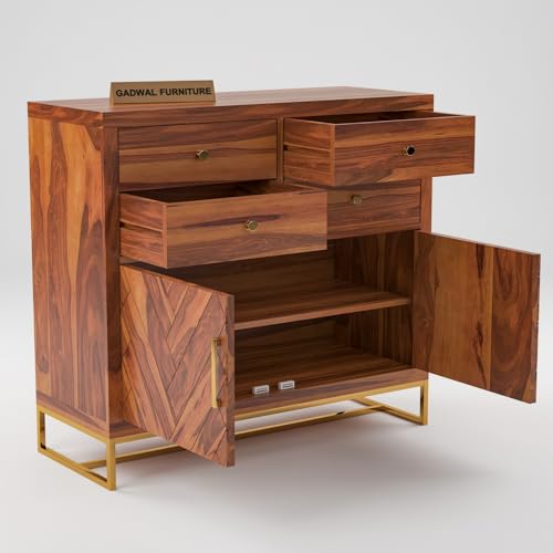 GADWAL FURNITURE Solid Sheesham Wood Wooden Cabinet Sideboard with 4 Drawers and 2-Door Storage (Honey)