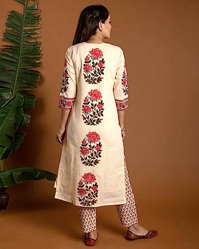 GoSriKi Women's Rayon Blend Straight Printed Kurta with Pant & Dupatta (Actual-Cream-GS_L_Cream_Large)