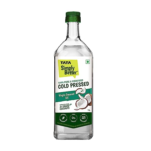 Tata Simply Better Pure and Unrefined Cold Pressed Virgin Coconut Oil, Naturally Cholesterol Free, Coconut Oil with Rich Aroma & Flavour of Real Coconuts, Can Be Used in Daily Cooking, Multipurpose Usage, A1 Grade Coconuts, Purity in Every Drop, 1L