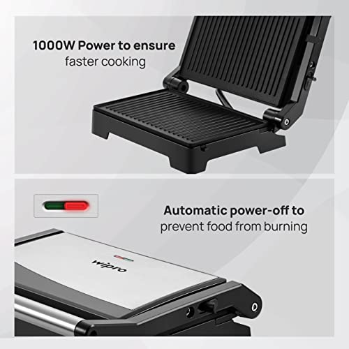 Wipro Vesta Grill 1000 Watt Sandwich Maker|Standard Size |Dual function-SW Maker&Griller|Non stick-BPA&PTFE Free |Auto Temp Cut-off| Height Control -180ᶿ&105ᶿ |2 year warranty| Regular Bread Size