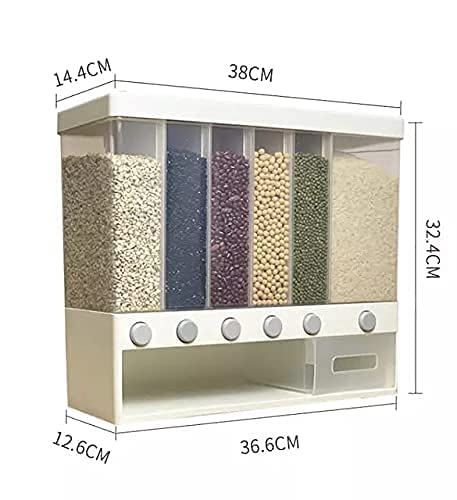 PULSBERY Plastic Wall Mounted Scent Dispenser - Large Capacity Organizer Storage With Free Control Of Grocery Output, Use For Dry Food, Rice, Dal For Dispenser, 6-Grid 12L Large