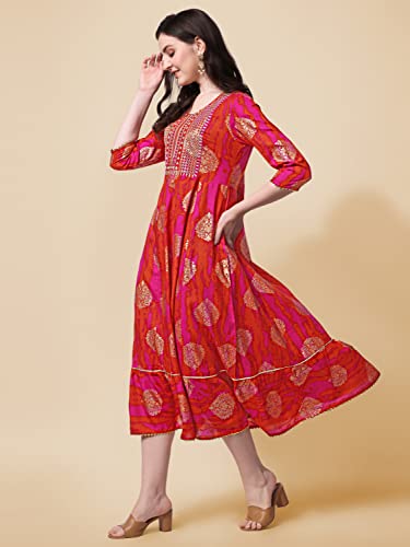 SOURBH Women's Cotton Sequins Embroidery Work Foil Printed A-Line Kurti Only (K9118-Pink, Orange-2XL)