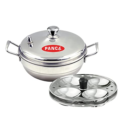 PANCA Stainless Steel Multi Purpose Kadai with Steel Lid, Idli Maker 2 Idli Plate 8 Cavity Idli Cooker Stainless Steel Idly Pot with Steamer, Silver