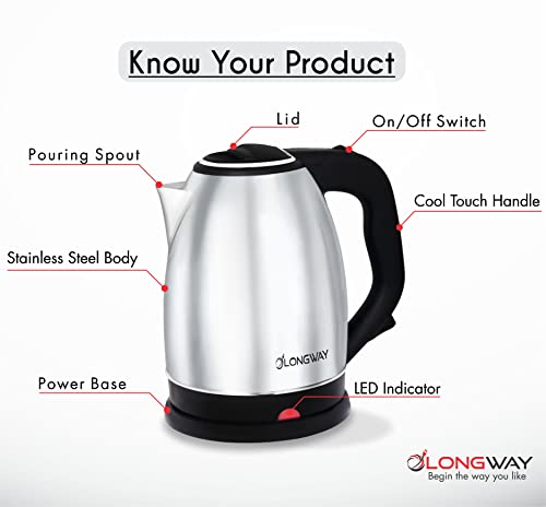 Longway Kestro 1500W Electric Kettle with Stainless Steel Body, 2 litre - Auto Power Cut used for boiling Water, making tea and coffee, instant noodles, soup etc. (Black & Silver)