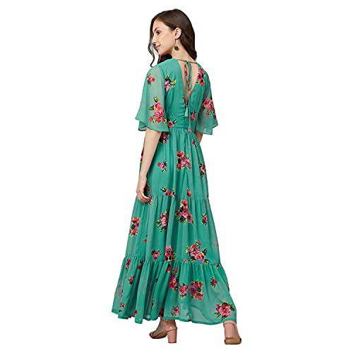 RARE Women's Georgette Fit and Flare Maxi Casual Dress (EP6216_Green_Medium)