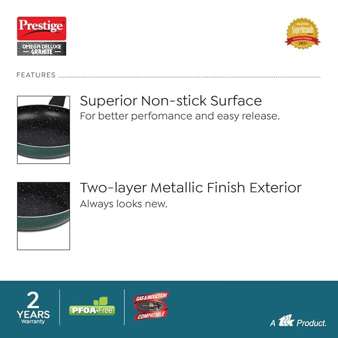 Prestige Omega Deluxe Non-Stick Cookware 3 Pc Set | PFOA Free 5-Layer Coating | Omni Tawa 25 cm | Fry Pan 24 cm | Kadai with Glass Lid 24 cm | Moss Green | Dishwasher Safe