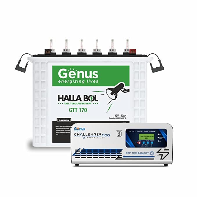 Genus Inverter & Battery Combo (Challenger 1200 Pure Sine Wave 900VA/12V Inverter, Halla BOL GTT170 Tall Tubular 150Ah Inverter Battery) for Home & Office