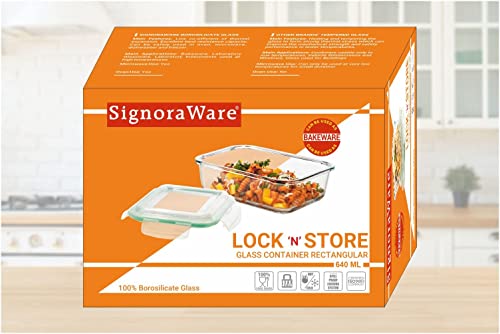 SignoraWare Lock 'N' Store Rectangle High Microwave Oven Borosilicate Safe Glass Container with Air Tight Lid | Multipurpose Jar Box (640ml, Transparent, Food Grade)