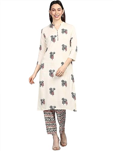 Vaamsi Women's Poly Crepe Ethnic Motifs Printed Straight Kurta Pant Set (PKSET1008_Off White_S)