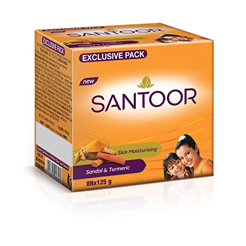 Santoor Sandalwood and Turmeric Bath Soap for Younger Looking and Glowing Skin, Combo Offer, 125 g (Pack of 8)