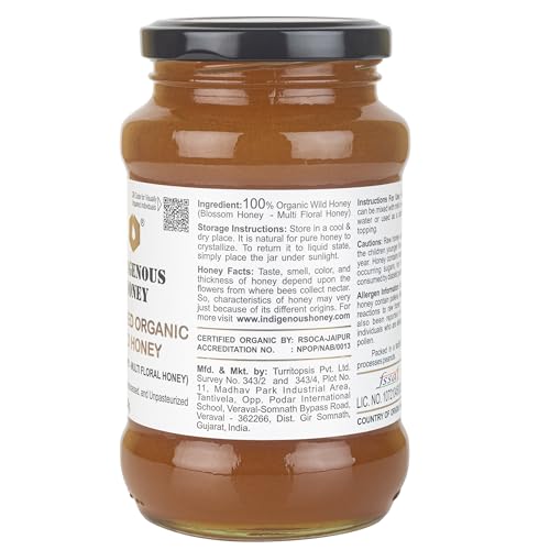 INDIGENOUS HONEY Raw Organic Honey NMR Tested NPOP Organic Certified Pure Natural Unprocessed Original Honey - 530 g Glass Jar (Pack of 1)