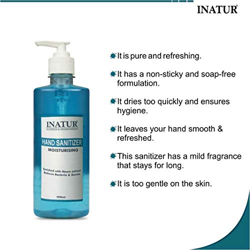 inatur Moisturizing Hand Sanitizer Gel 500ml, Gentle on Skin, enriched with Neem Extracts & Aloe Vera