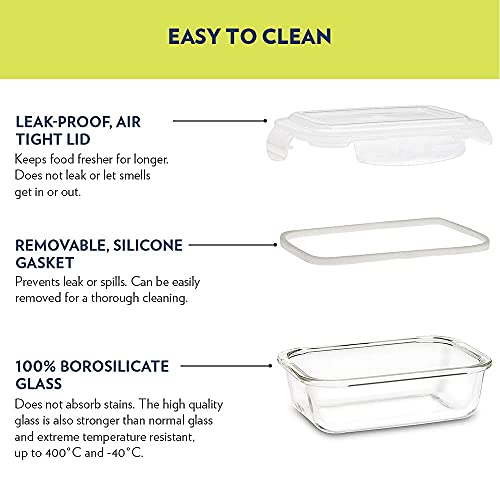 Borosil Klip N Store Glass Storage Container For Kitchen With Air-Tight Lid, Microwave & Oven Safe, Rectangular, 370 ml, Clear