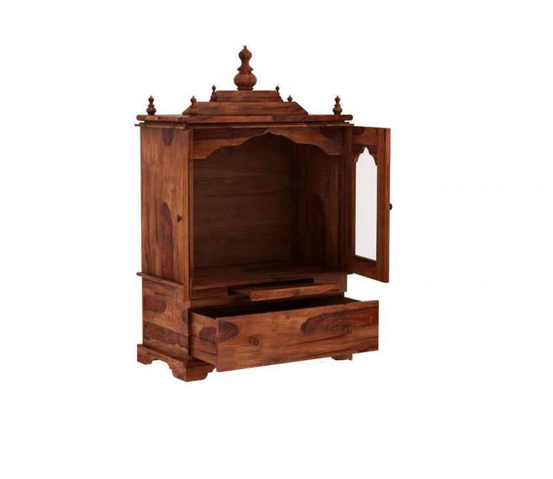 G Fine Furniture 2.9 Feet Solid Sheesham Wood Temple For Home|Solid Wooden Pooja Mandir for Puja Room With 1 Drawer Storage, 2 Door & Dhoop Batti Slider Stand |Pooja Mandap|Rosewood, Brown