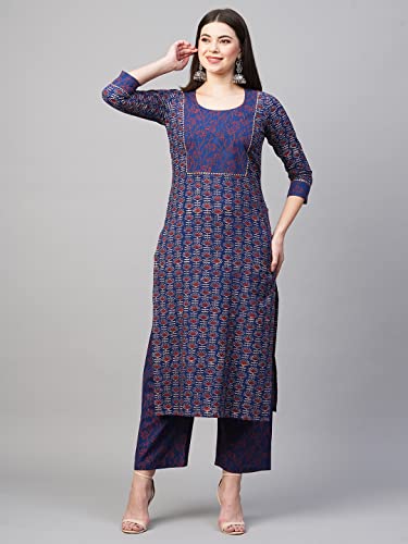 ANNI DESIGNER Women's Cotton Blend Printed Straight Kurta with Pant (Punya Blue_L_Blue_Large)