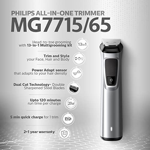 Philips Multi Grooming Kit MG7715/65, 13-in-1 (New Model), Face, Head and Body - All-in-one Trimmer for Men Power adapt technology for precise trimming, 120 Mins Run Time with Quick Charge