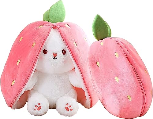 Storescent Reversible Carrot Strawberry Bunny Plush Toy - Cute & Versatile Stuffed Animal with Zipper - Soft Rabbit Toy, Pillow & Decorative Gift for Kids and Adults