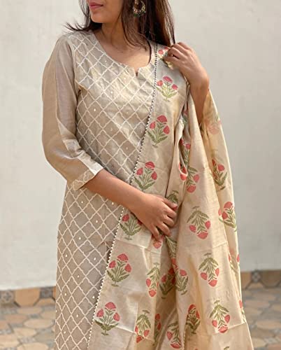 GoSriKi Women's Cotton Blend Embroidered Straight Kurta with Pant & Dupatta (MYSURU-Cream_L-GS_Cream_Large)