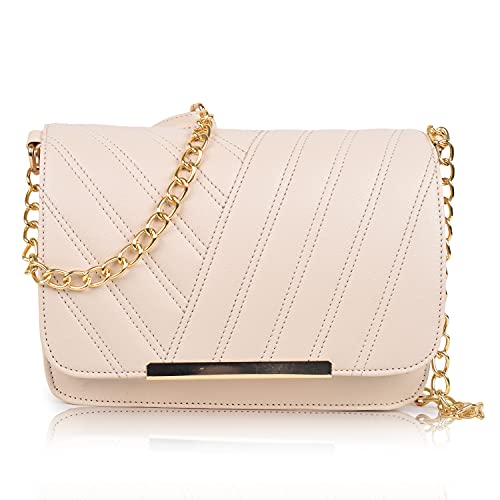 SPOTIC Women's PU Synthetic Leather Stylish Fancy Chain Strap Crossbody Sling Bag (Cream)