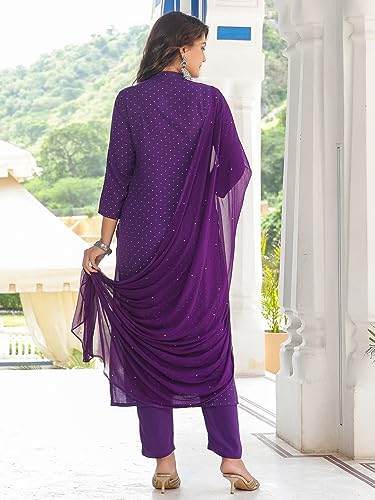 GoSriKi Women's Cotton Blend Floral Straight Kurta with Pant & Dupatta (RAJI-BEGANI-NKJ-GS_Purple_X-Large)