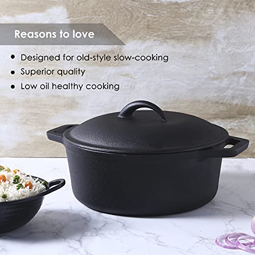 Wonderchef Forza 25 cm Cast-Iron Casserole with Lid | Pre-Seasoned Cookware | Induction Friendly | 4.7 L | 3.8 mm with Lifetime Exchange Warranty