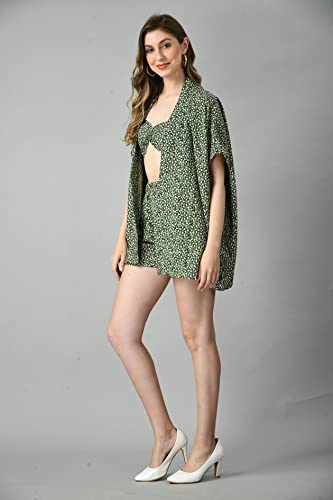 COOL AND CASUAL Beach Dresses for Women Co Ord Set Three Piece Floral Dress Top Short and Shrug Beach Wear for Women (Medium, Green)