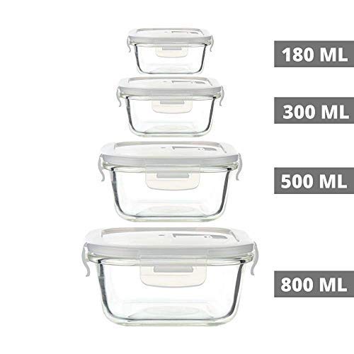 Femora Borosilicate Glass Microwave Safe Square Food Storage Container with Air Vent Lid, 180ml, 300ml, 500ml, 800ml, Set of 4, One Year Free Replacement